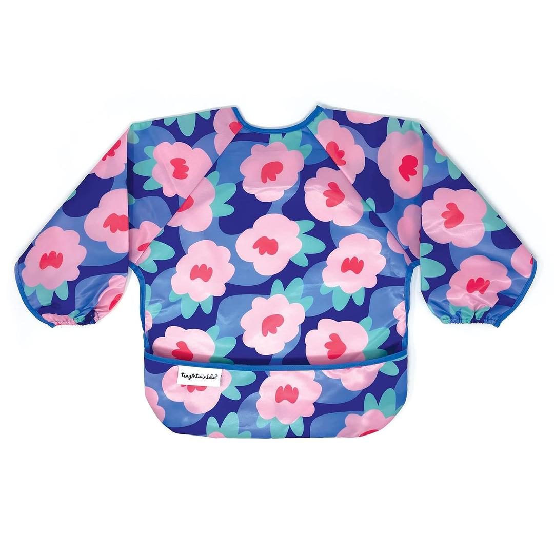 Tiny Twinkle Long Sleeve Bib for Babies & Toddlers | Waterproof Smock Bib for Eating | Machine Washable & Mess-Proof Feeding Essentials | Newborn Shower Gift (Floral Blue, S)