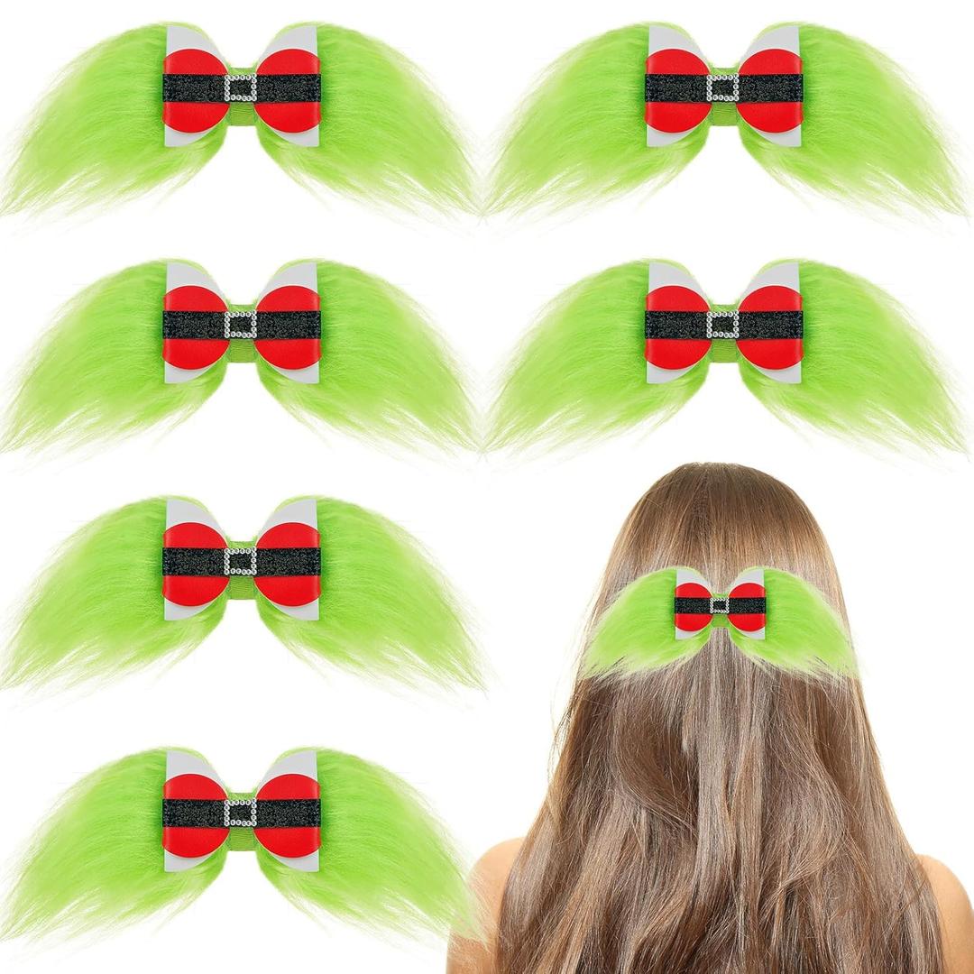 Norme 6 Pcs Christmas Hair Bow for Women 6 Inch Green Furry Hair Clip with Red Bow for Christmas Holiday Costume Accessories for Parties Gifts Decoration