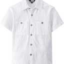 JOGAL Boys Chambray Shirts Short Sleeve Button Down Casual Cotton Woven Shirt with Two Pockets for Kids 6-14 Years (9-10 Years, White)
