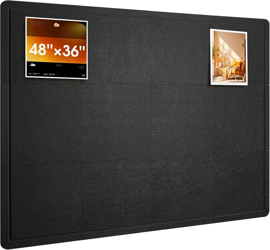 Bulletin Board, 48 x 36 inches Cork Board Alternative, 12 Pack Felt Pin Boards for Walls Home Office Decor, Classroom with 60 Adhesive Tabs Black