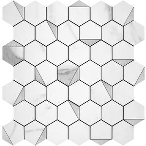 Metal Tile Backsplash with RetroLook - (Hexagon White Marble Mixed Silver 5pc/Pack) Metallic Peel and Stick, Luxury Wall Remodelling in Affordable Price, Ideal for Kitchen, Bathroom, Stairway
