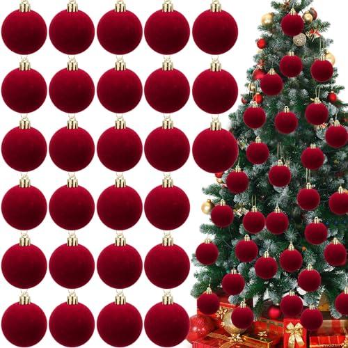 Menkxi 32 Pcs Christmas Velvet Balls 1.97 Flocked Christmas Hanging Ornaments Handmade Velvet Balls Xmas Tree Ornaments Xmas Tree Bulbs for Wedding Anniversary Party (Red)