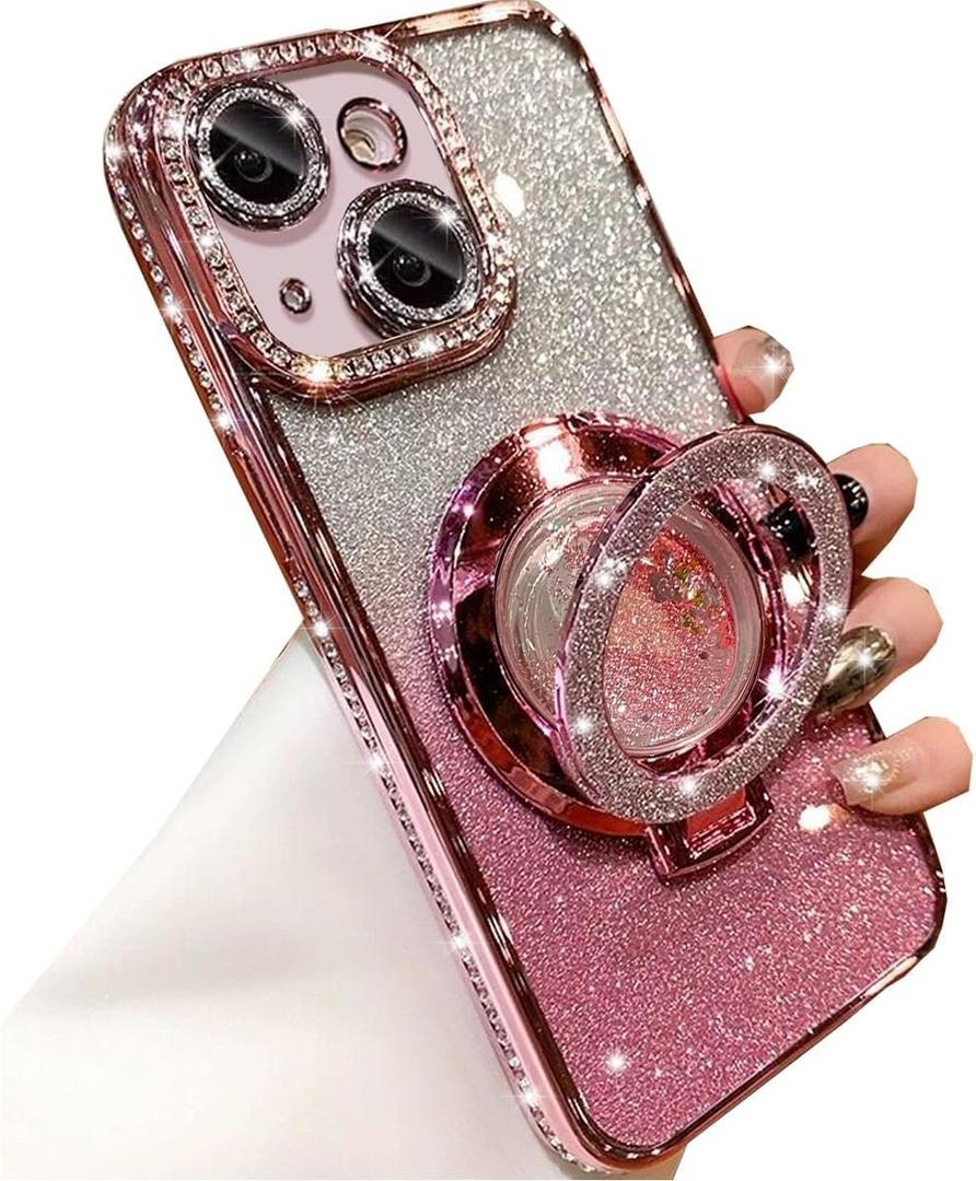 Glitter Kickstand Case for iPhone 14, Luxury Bling Sparkly Diamond Rhinestone with Camera Lens Protector Liquid Flowing Ring Stand TPU Bumper Slim Women Girls Case for iPhone 14 6.1" (Pink)