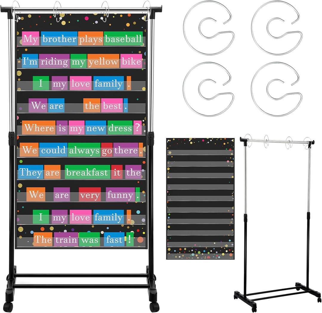 6 Pcs Adjustable Pocket Chart Stand Include 1 Expandable Flip Rack with Wheels 1 Confetti Standard Pocket Chart 4 Hangers for Classroom Teacher Supplies Home Educational Tools