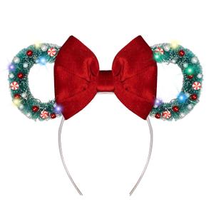 JIAHANG LED Christmas Mouse Ear Headband with Red Velvet Bow, Light Up Festival Headwear for Women Girls (Green)