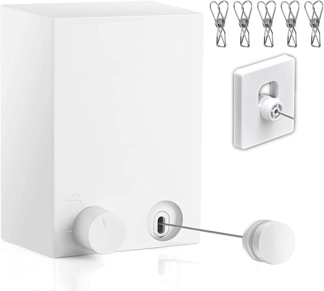 Retractable Clothesline Clothes Line Retracting Outdoor/Indoor, Heavy Duty Stainless Steel Adjustable Drying Rope Wire Dryer with ABS case+Aluminum, Self Adhesive Wall Mount 13.8 Feet White