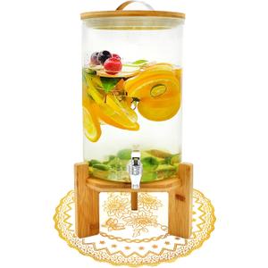 Winsterch 2 Gallon Drink Dispenser for Parties, Glass Beverage Dispenser with Wood Stand and Spigot, Lemonade, Tea, Juice Dispenser Daily Use