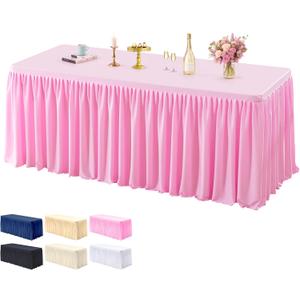 1 Pack Pink Spandex Table Clothes for 6 Foot Rectangle Tables, 6FT Wrinkle Free Fitted Tablecloths Ruffles Table Cover with Skirt for Baby Shower Birthday Party Banquet Wedding and Events