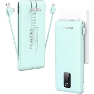 charmast Portable Charger with Built-in Cables and Plug, 10000mAh USB C Power Bank Fast Charging, External Battery Pack Slim, Travel Essentials Compatible with iPhones, Samsung Galaxy, iPad