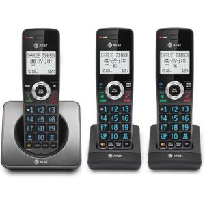 AT&T GL2101-3 DECT 6.0 3-Handset Cordless Home Phone with Call Block, Caller ID, Full-Duplex Handset Speakerphone, 2" White Backlit Display, Lighted Keypad (Graphite & Black)