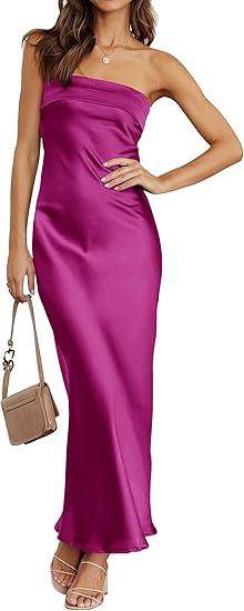 MEROKEETY Women 2025 Summer Strapless Satin Tube Bodycon Backless Wedding Guest Maxi Dress
(Large)