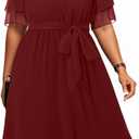 Pinup Fashion Plus Size Dresses for Wedding Guest - Semi Formal Cocktail Chiffon Keyhole Neck Knee Length Dress (Burgundy) (No Size Specified)