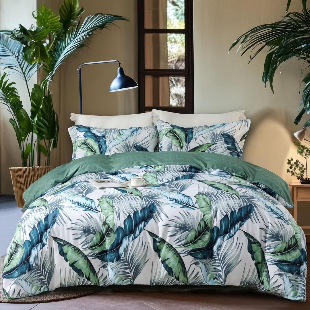 OAITE Duvet Cover Queen Size,Reversible Summer Leaf Green Duvet Cover Set with Zipper Closure, 3 Pieces Modern Patterns Soft Microfiber Bedding Set with 8 Ties(90*90,2 Pillow Cases)