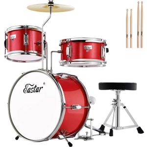 Eastar Drum Set for Kids and Beginners, 3-Piece 14'' Drum Kit with Adjustable Throne, Cymbal, Pedal & Two Pairs of Drumsticks, Junior Drum Set with Bass Tom Snare Drum, Metallic Red