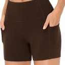 THE GYM PEOPLE High Waist Yoga Shorts for Women's Tummy Control Fitness Athletic Workout Running Shorts with Deep Pockets (Brown, L)