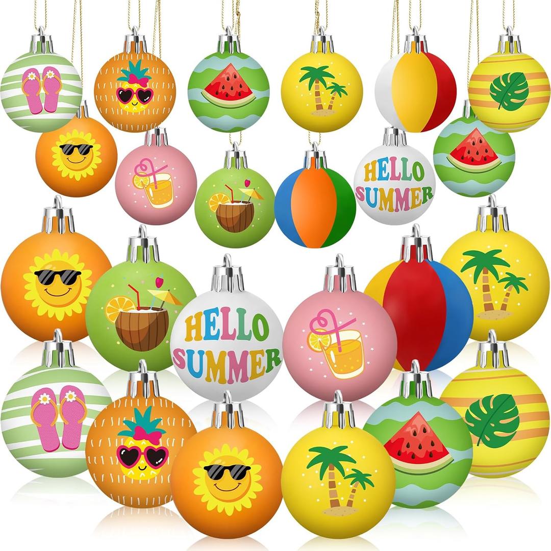 Soulchen 24 Pcs Mini Summer Tree Ornaments Ball 1.2 Inch Small Hawaii Plastic Ball Hanging Decoration with String for Party Favors Decor
