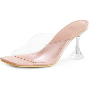 Mysoft Women's Clear Heeled Sandals Square Toe Transparent Stiletto Mules Open Toe Slip on Dress Shoes, Size 7