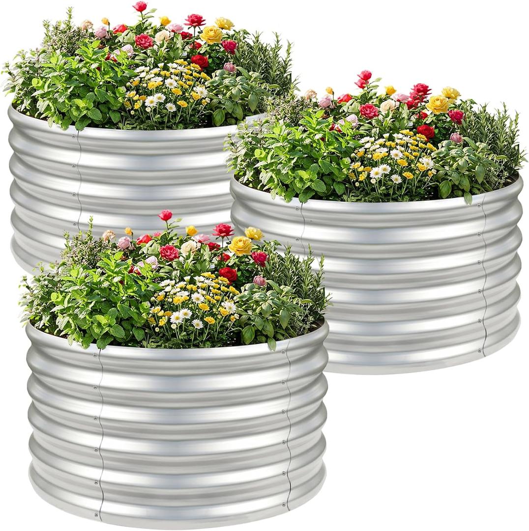 AHEONLAR 3PCS 2x2x2FT Galvanized Raised Garden Bed Kit Round Metal Flower Box Large Planter Raised Beds Outdoor Garden for Planting,Fruit,Herb Silver