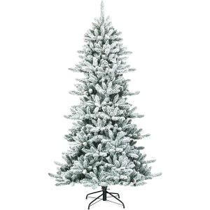 7Ft Snow Flocked Artificial Christmas Tree, Hinged Slim Pine Tree with Pine Cones, 1108 Branch Tips, Sturdy Metal Stand, Xmas Full Fake Tree for Home, Office, Party Indoor Decoration
