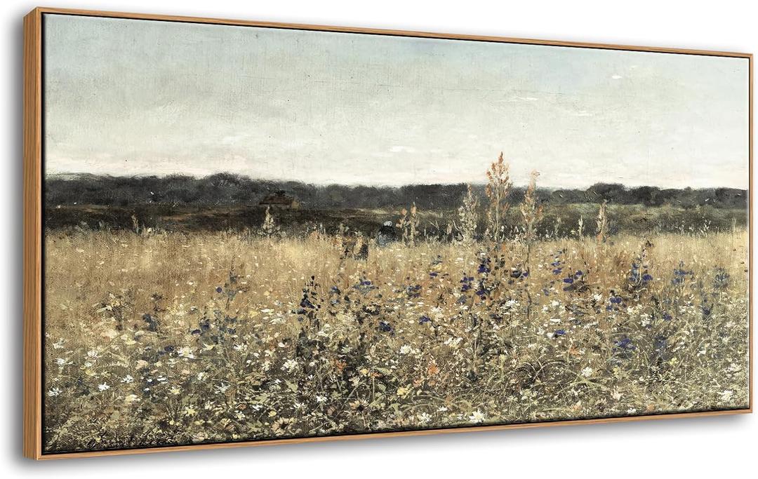 DJSYLIFE Framed Wall Art Decoration, Vintage Wildflower Field Canvas Wall Art, Classical Flowers Landscape Painting Prints, Farmhouse Cottagecore Living Room Decor, Modern Home Bedroom Decor 20"x40"