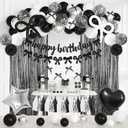 Black Bow Birthday Party Decorations, Coquette Bow Black and White Silver Confetti Long Balloons Happy Birthday Banner Fringe Curtain Tassel Pompoms for Women Girls Theme Baby Shower Party Supplies