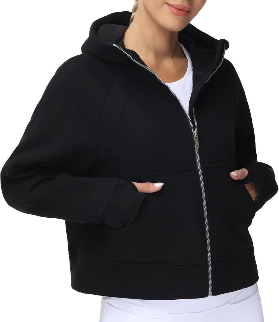 THE GYM PEOPLE Women's Full-Zip Up Hoodies Jacket Fleece Workout Crop Tops Sweatshirts with Pockets Thumb Hole (Medium, Black)