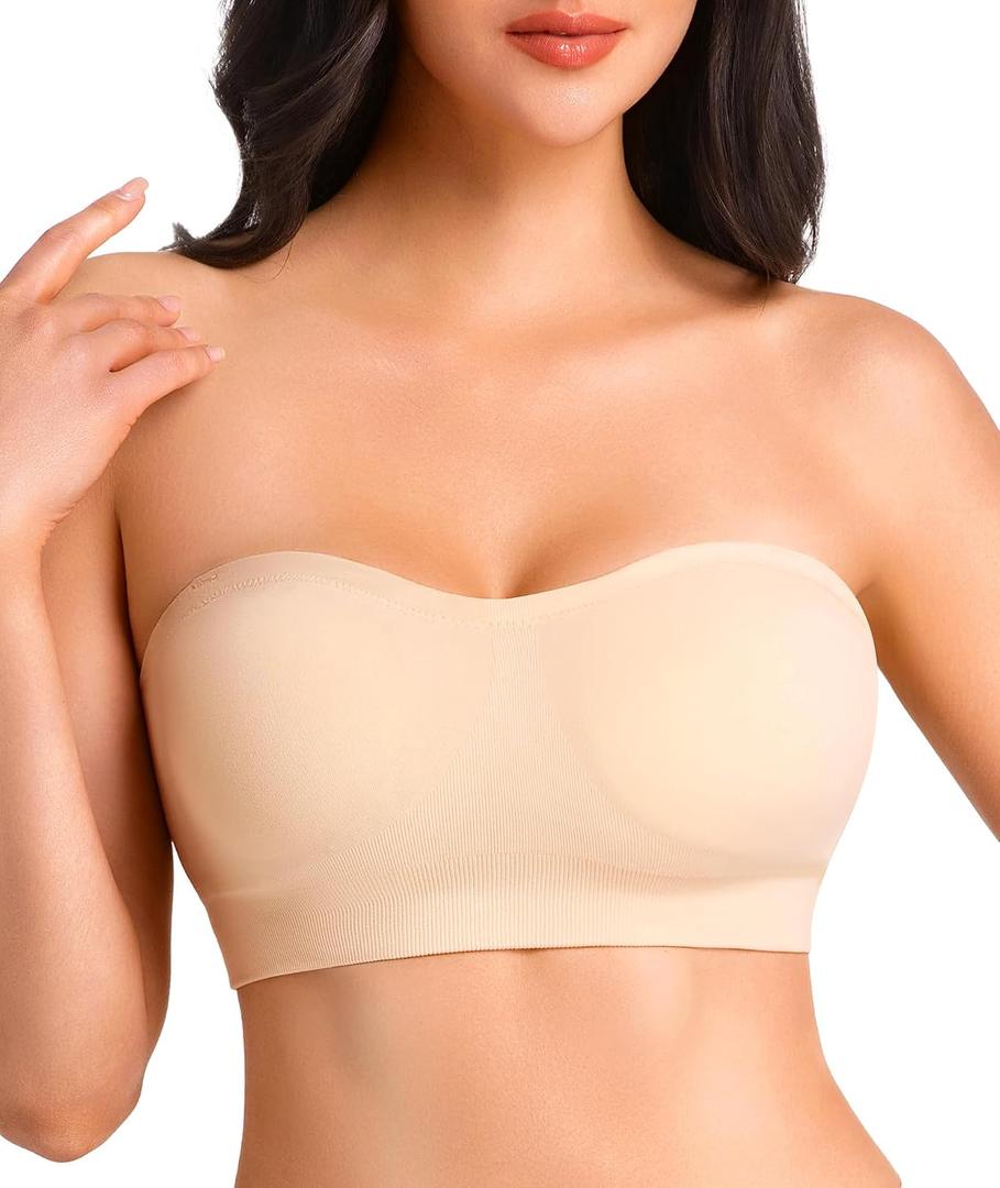 Strapless Bras for Women Non-Slip Wireless Bandeau Bra Seamless Padded Tube Top Bra Including Fabric & Clear Straps (Beige, M)