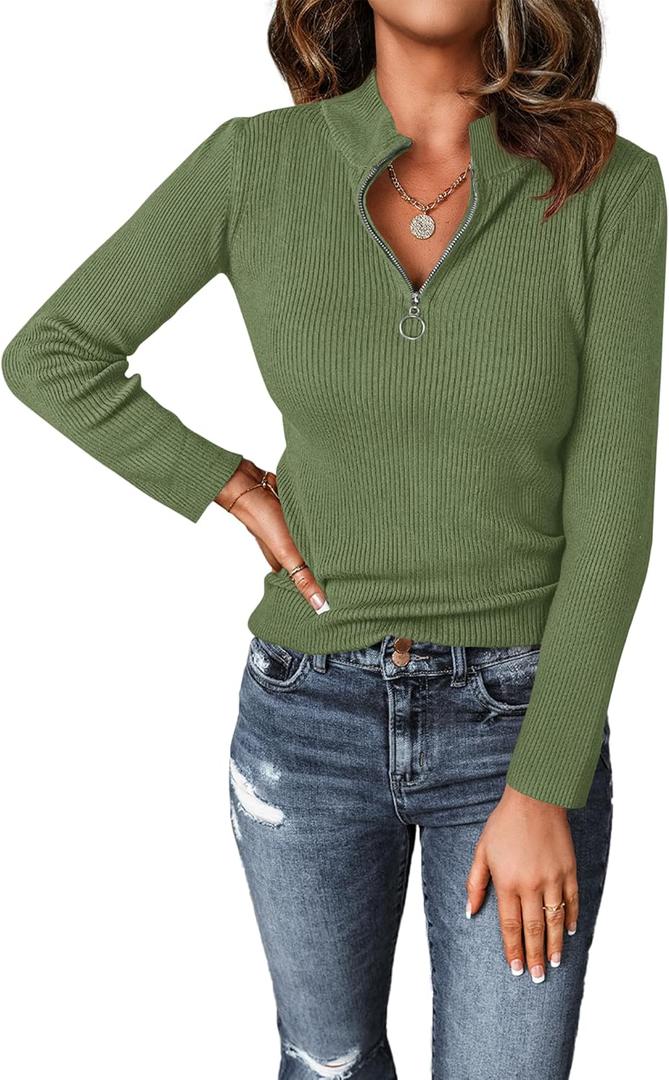 PRETTYGARDEN Spring Quarter Zip Pullover Sweaters for Women 2026 Long Sleeve Collared Fitted Ribbed Knit Tops (Small, Green)