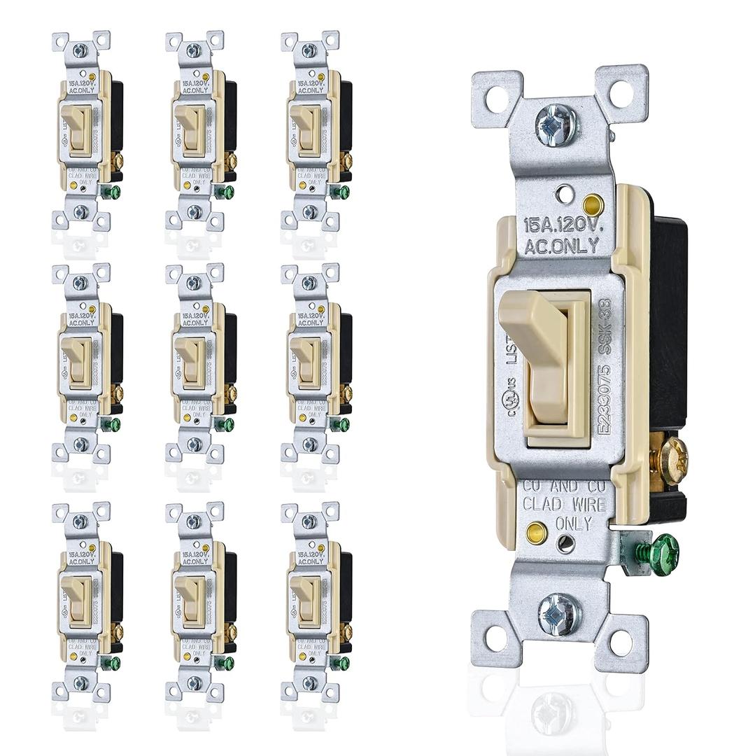 Faith Ivory 3-Way Toggle Light Switch (10-Pack) | 3-Way Standard Wall Switch for Lights | 120V 15 Amp Toggle Switch with Grounding Screw