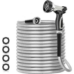 50ft 304 Stainless Steel Garden Hose Metal, Heavy Duty Water Pipe with Nozzles for Yard, Outdoor - Flexible, Never Kink & Tangle, Puncture Resistant (Sliver)