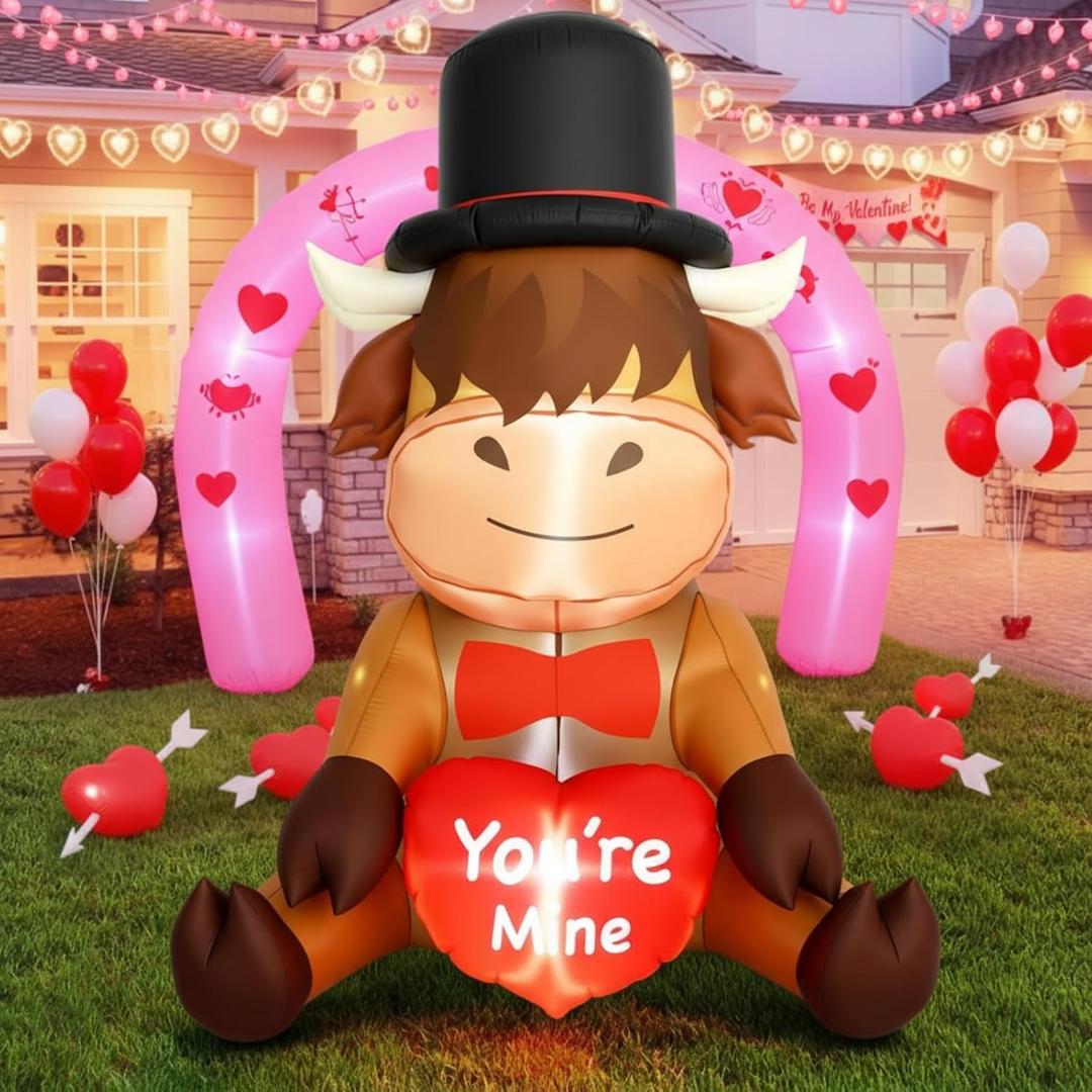 5ft Valentine's Day Inflatables Highland Cow Outdoor Decoration Blow Up Sitting Cow with Heart Built in Lights Valentine's Yard Decor for Garden Lawn Indoor Wedding Party Supplies