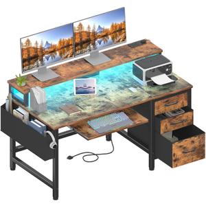 Lufeiya Gaming Desk with LED Lights and Power Outlets, 47 Inch Home Office Desks with Keyboard Tray, Computer Desk with File Drawers Cabinet, Writing Table PC Desks with Monitor Stand, Rustic Brown