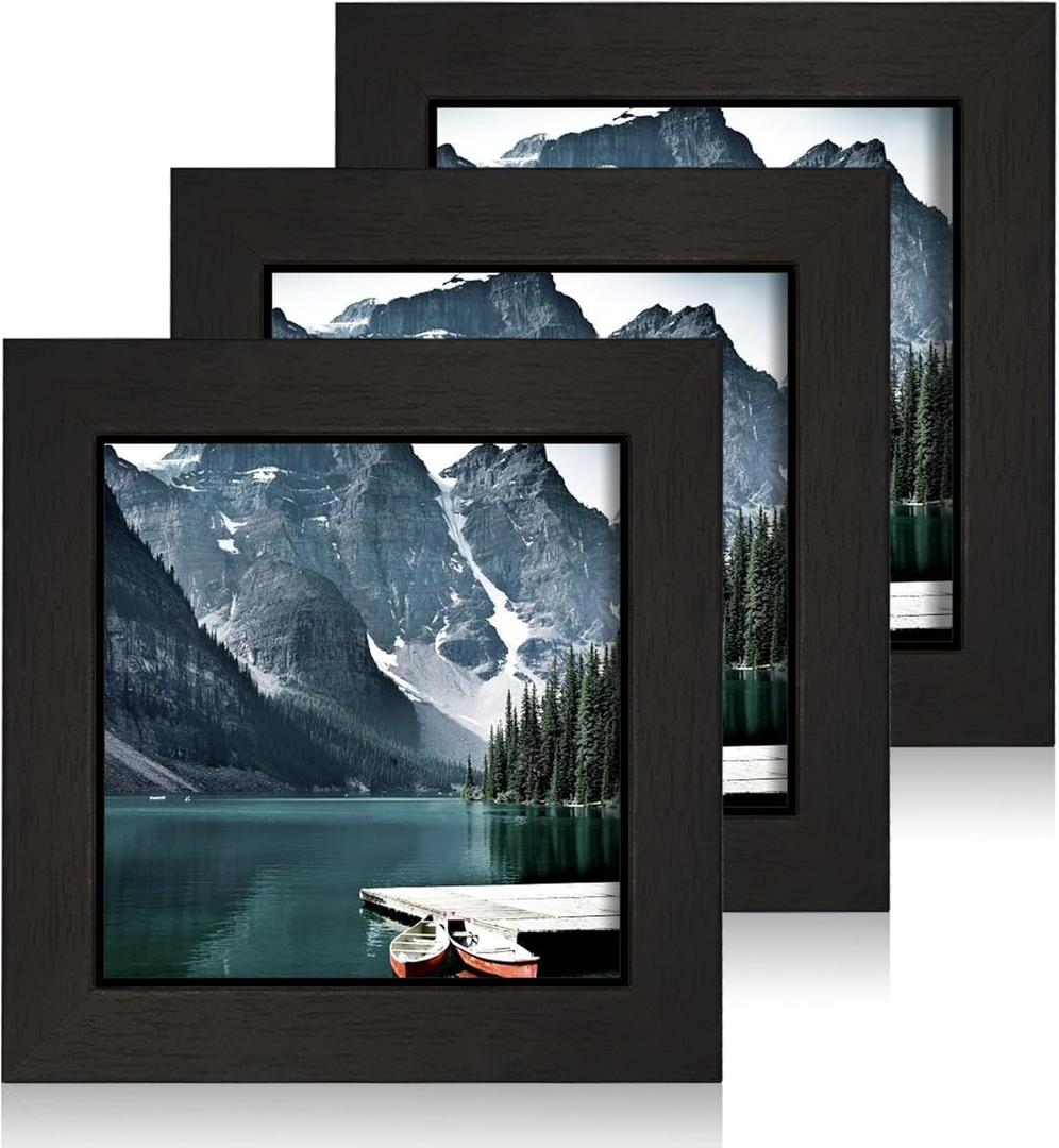 4x4 Black Picture Frames set of 3, Made of Wooden and Real Glass Small Square frame - Display on Table Desk Top or Wall Hanging