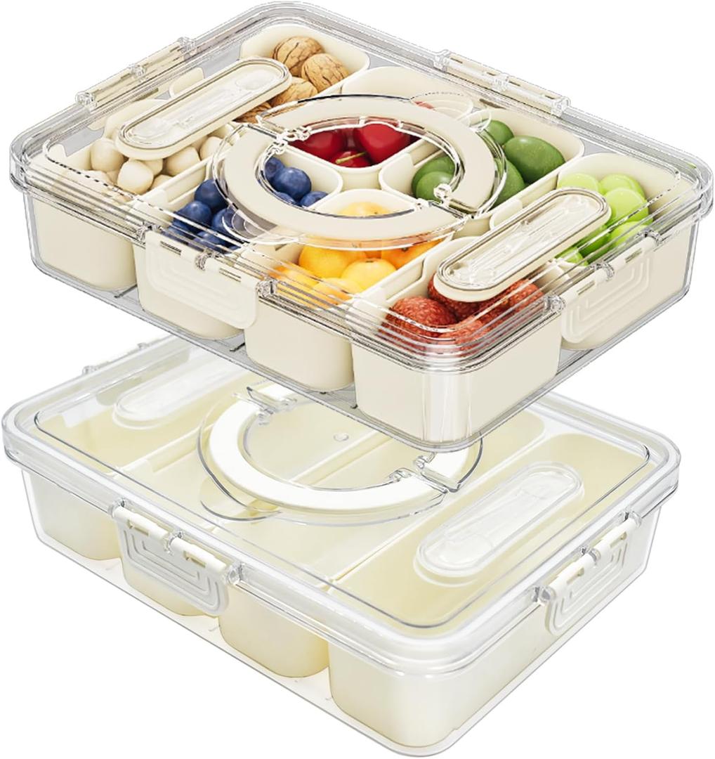 2 Pack Divided Serving Tray with lid and Handle, 8 & 4 Compartments Snackle Box with Utensils, Fridge Food Veggie Condiment Storage, Kitchen Clear Food Container for Picnic, Camping, School