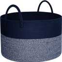 MINTWOOD Design Extra Large 22 x 14in Decorative Woven Cotton Rope Blanket Storage Basket Bin Living Room with Long Handles, Laundry Hamper for Pillows, Pool Towels, Dog Toys, Shoes, Navy Blue