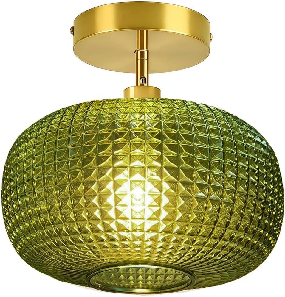 Semi Flush Mount Ceiling Light Fixture,Hallway Light Fixtures,Vintage Globe Glass Ceiling Fixture with Green Shade,Kitchen Ceiling Light Fixture,Farmhouse Ceiling Lighting for Bathroom Entryway Porch