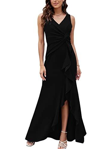 FQA Long Black Evening Gowns for Women Formal Dresses for Women Evening Party Elegant V Neck Sleeveless Split Wrap, Medium