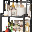 Kitchen Countertop Organizer, 3 Tier Large Spice Rack Organizer with Adjustable Shelf and 5 Hooks, Wooden Counter Organizer, Space Saving Countertop Shelf Microwave Stand for Kitchen,Coffee Bar,Black (Small)