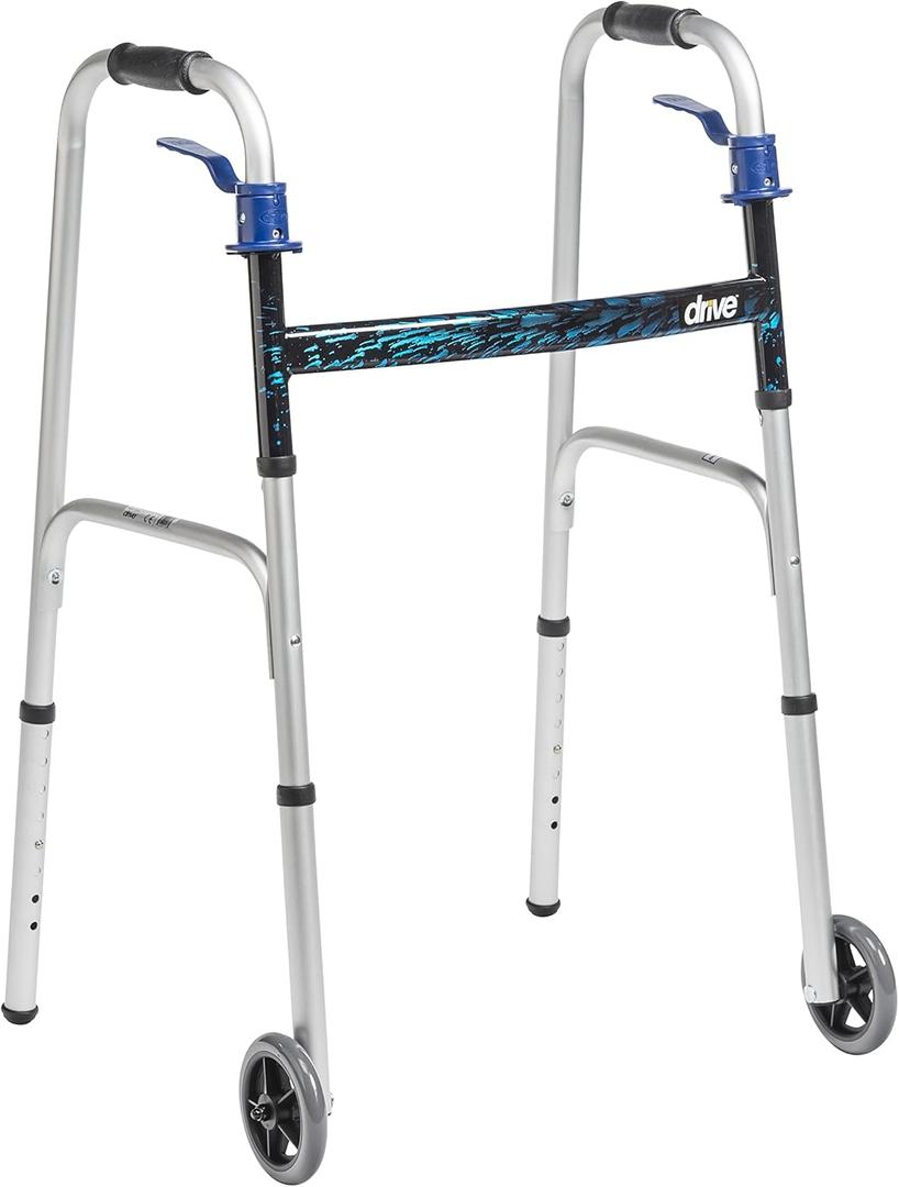 Drive Medical Trigger Release Folding Walker - Lightweight Brushed Steel Design - Easy Trigger Folding Mechanism - 5 Inch Wheels - Contoured Hand Grips - Senior Mobility Aid (1 Count (Pack of 1))