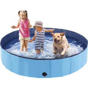 Foldable Dog Pool, Portable Pet Bath Tub and Kiddie Swimming Pool, Collapsible Bathtub for Puppies, Small, Medium and Large Dogs, Cats and Kids, 55 x 12 in, Blue