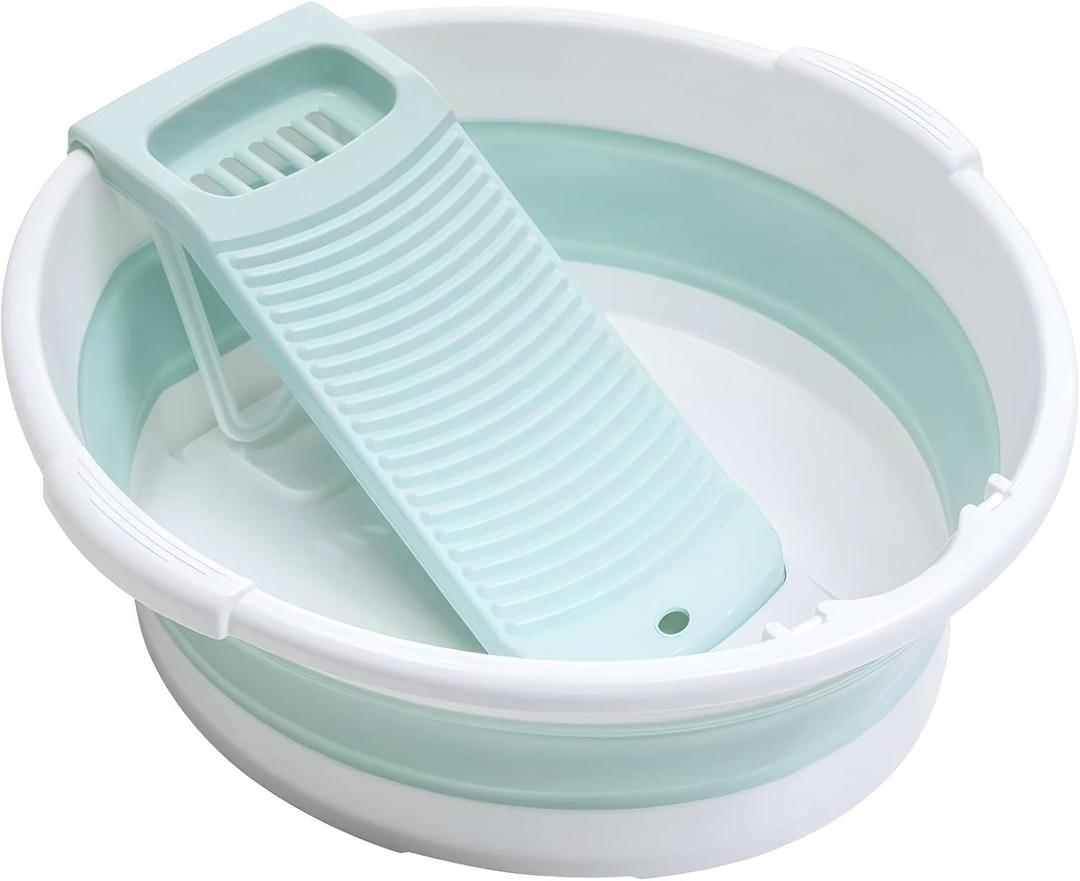 Large Washboard Basin for Hand Washing Clothes,Collapsible Basin for Hand Washing Clothes,Portable Laundry Basin,Wash tub Laundry with Scrubber (Light Green)