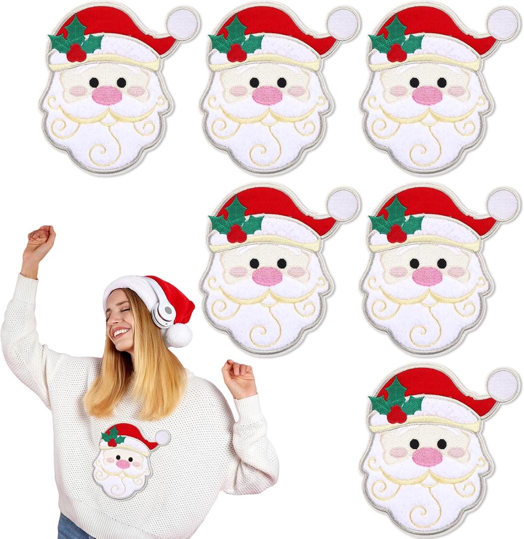 Luinabio 6 Pcs 7'' Large Size Christmas Iron-on Patch Santa Claus Iron on Patches Appliques Embroidery Patches Bulk Craft Clothes Jeans Hat Sweater Jacket Bag Accessories DIY