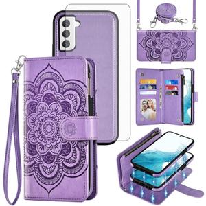 Asuwish Phone Case for Samsung Galaxy S22 5G Zipper Wallet Detachable Cell Cover with Tempered Glass Screen Protector Crossbody Strap Flower Card Holder Slot S 22 22S 4G G5 6.1 inch Women Girls Purple