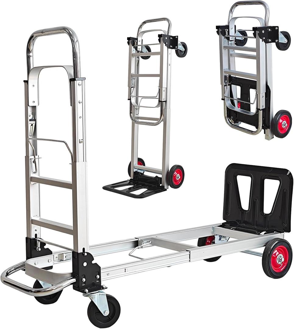 3-in-1 Aluminum Folding Hand Truck Dolly, 330 lbs Heavy Duty Convertible Cart with Retractable Handle, 4 Universal Rubber Wheels  Perfect for Home, Office, Warehouse & Supermarket