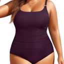 Women's Plus Size One Piece Swimsuit- Tummy Control Bathing Suit Ribbed Square Neck Swimwear 2025 (Purple, M)