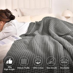 PHF 480GSM 100% Washed Cotton Waffle Weave Blanket, Cozy Breathable Skin-Friendly Throw King Size for All Season, Luxury Fall Layer Bedspread for Couch Bed Sofa, Elegant Home Decor,Grey, 90"x90"