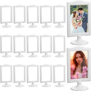 15PCS Standing Picture Frame, 4x6 Inch Double Sided Tabletop Photo Frame with Inserts and Base, Bulk Plastic Vertical Picture Display Holder for Wedding Table Menu ChristmasWhite
