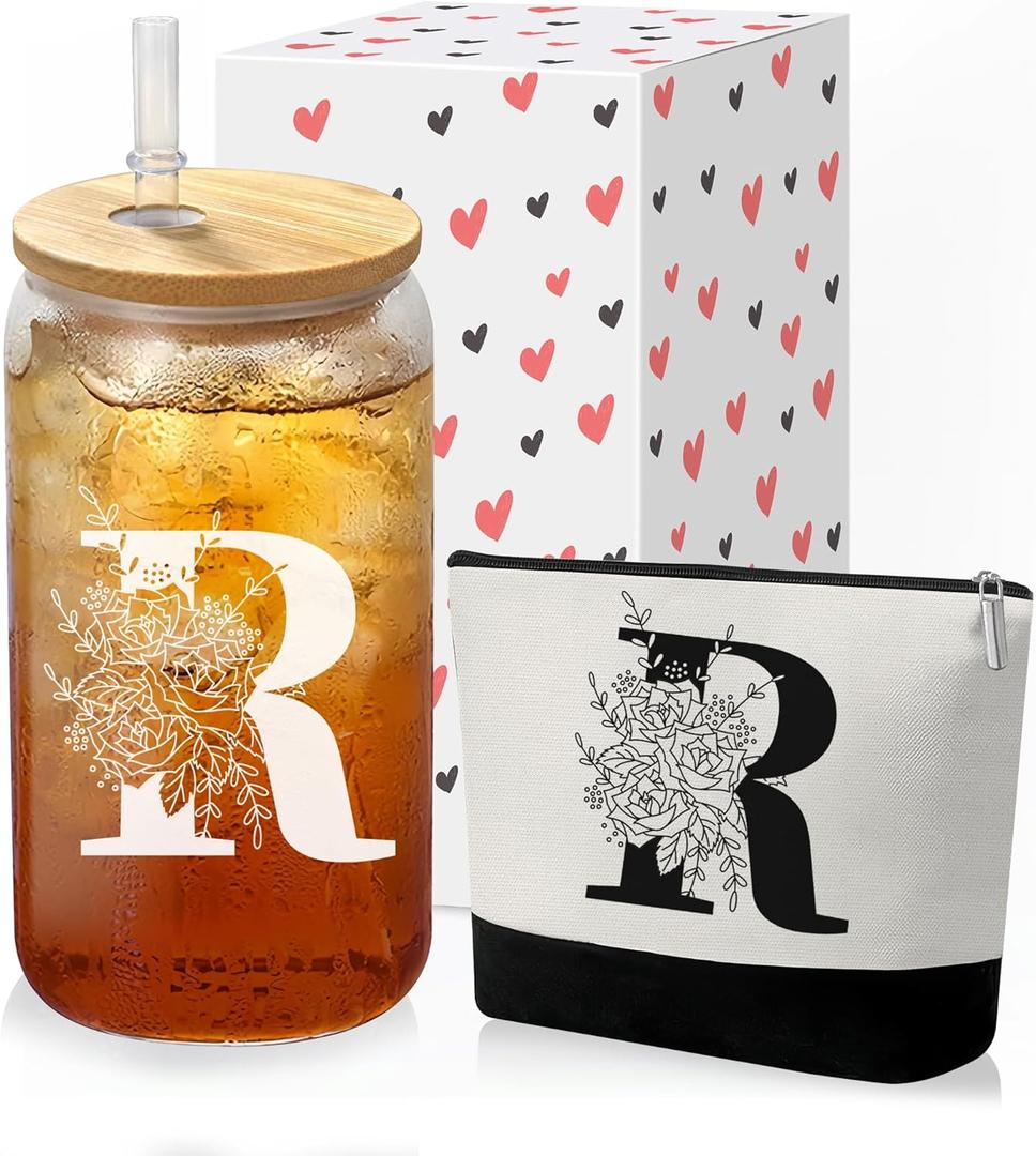 Custom Glass Cup & Makeup Bag Set - Personalized Gifts for Women, Initial 16 oz Glass Tumbler with Lid & Straw, Monogram Makeup Bag - Birthday Gifts For Women, Mother's Day Presents(R)