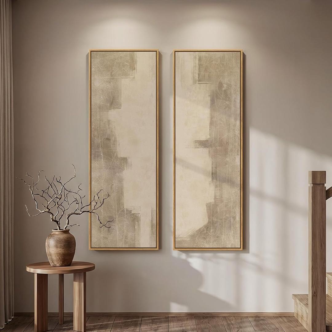 Long Narrow Framed Neutral Abstract Vertical Wall Art Set of 2, Oversized Modern Canvas Prints Paintings Artwork for Walls, Beige Minimalist Pictures for Hallway Entryway Living Room Bedroom Wall Decor