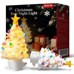 2 Pack Ceramic Christmas Tree Night Light,Vintage Decorative Xmas Tree Nightlight with Multicolor Bulbs, Christmas Gift for Bedroom Bathroom Decor (White)